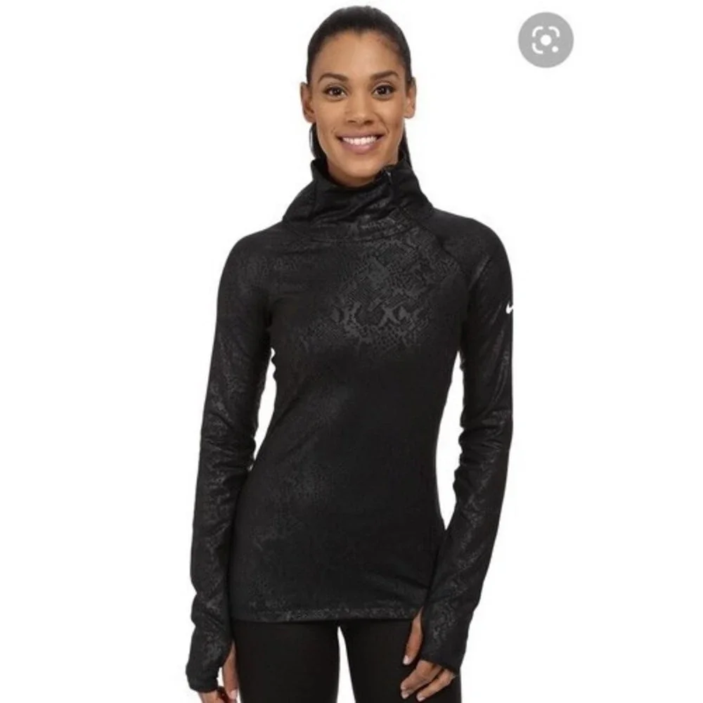 Nike Pro Dri-FIT Top Black Snakeskin Cowl Neck Thumbhole Womens Medium Running